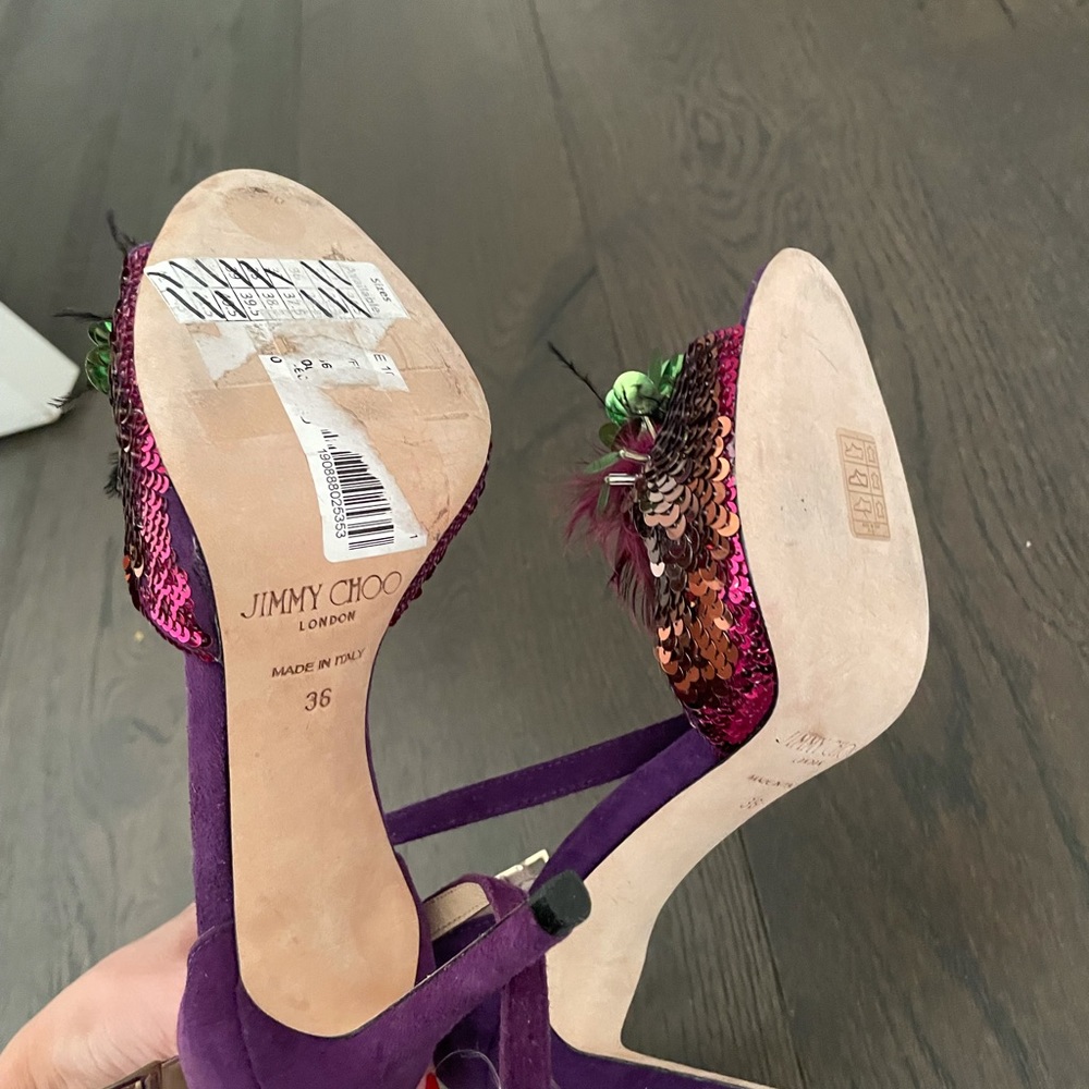 Gorgeous Jimmy Choo Annie NEW 36 purple sequin feather heel exotic - Picture 4 of 5